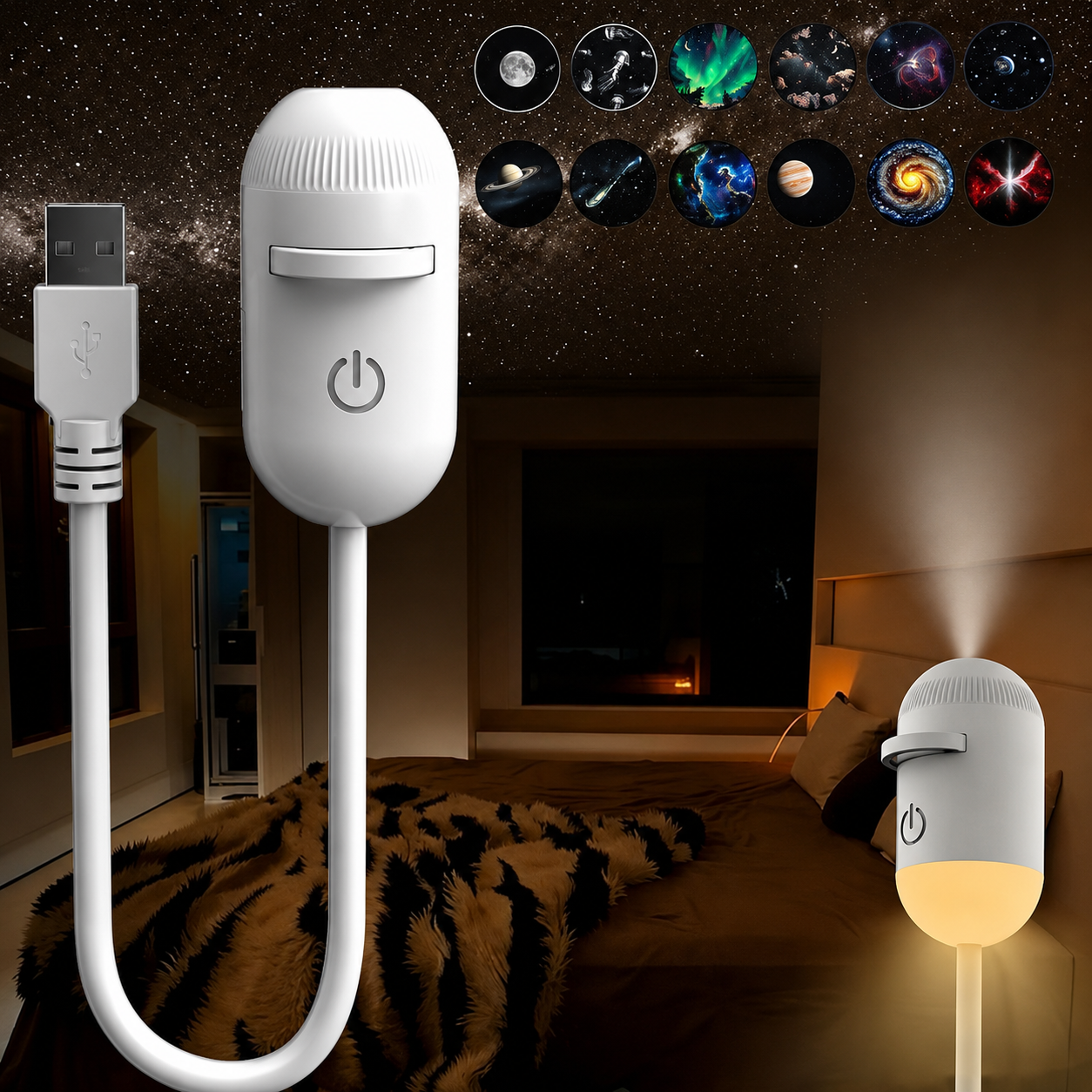 مصباح ليلي وجهاز عرض مجرة (2 في 1) – جهاز عرض عالي الدقة (HD) للسقف يعمل عبر USB مع تغطية 360 درجة، يتضمن 12 شريحة عرض وجهاز تحكم عن بُعد.